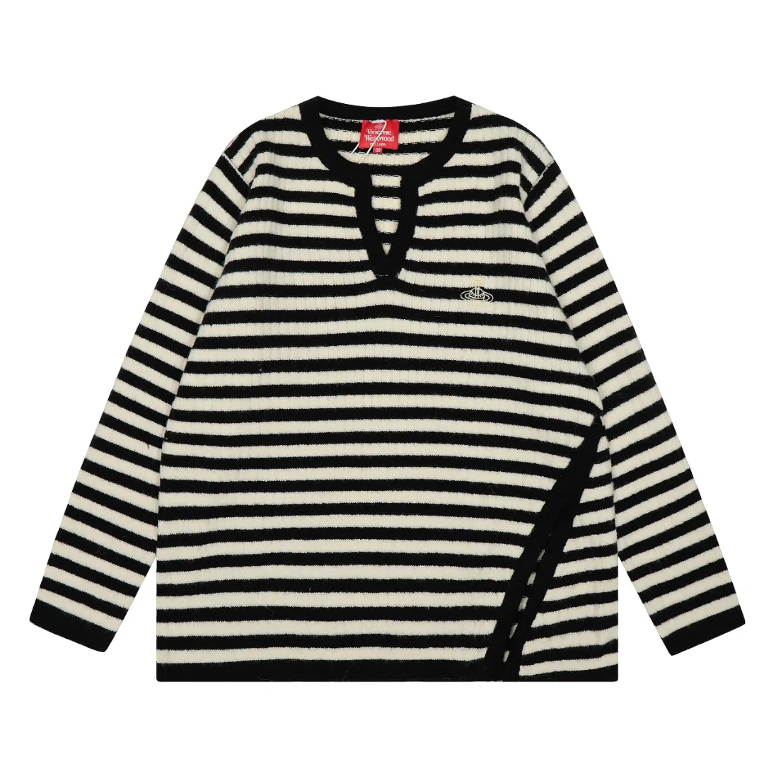 VIVI top quality-Japan limited edition" vivienne west wood 25th autumn and winter new style Saturn embroidery small V-neck pullover Size: S -M- L Color: black and white stripes